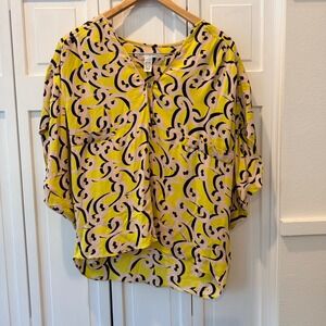 DVF Cascadia Broken Waves Silk Blouse Yellow Pink Dolman 8 Quiet Luxury Capsule